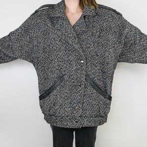 Vintage 80s Anne-Gee Tweed Coat with Leather Accents